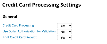 Credit Card Processing Settings