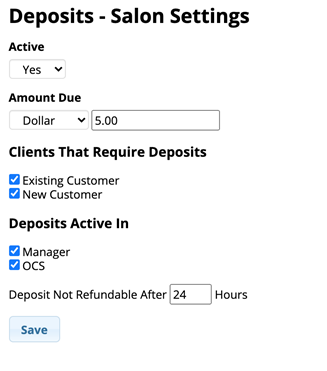 Deposits - Salon Settings