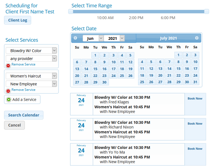 Book now time slots