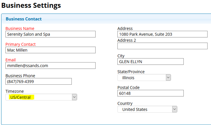 Business settings timezone 
