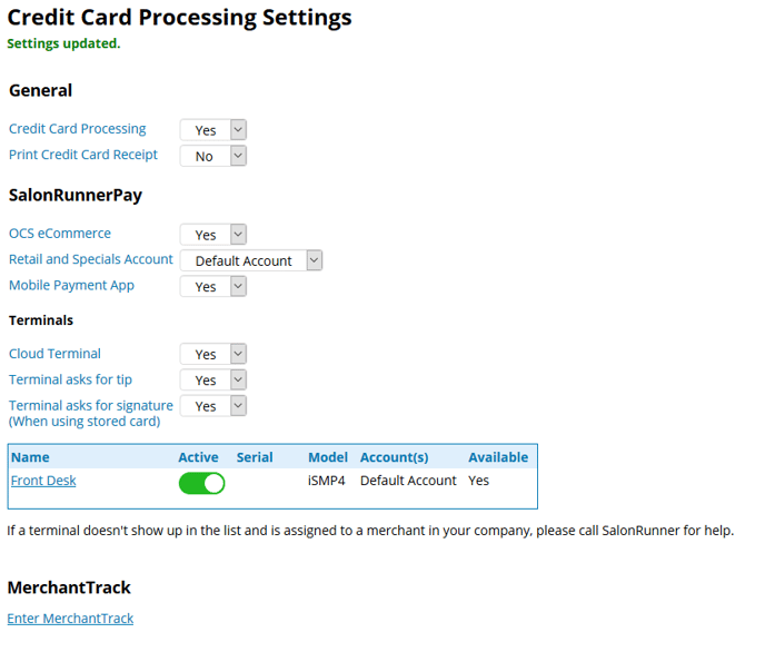 Credit card processing settings