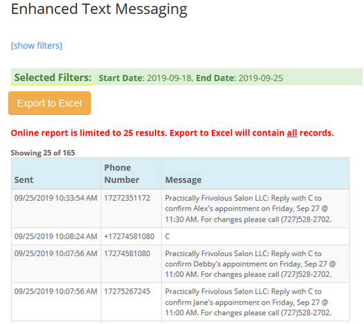 Export to Excel Text Message Report