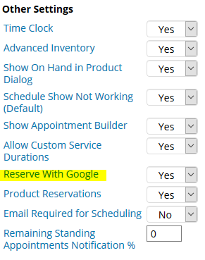 Reserve with Google Setting