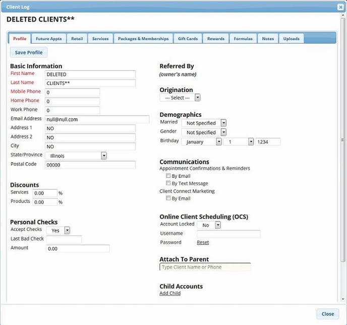 Sample fields to enter for deleted clients